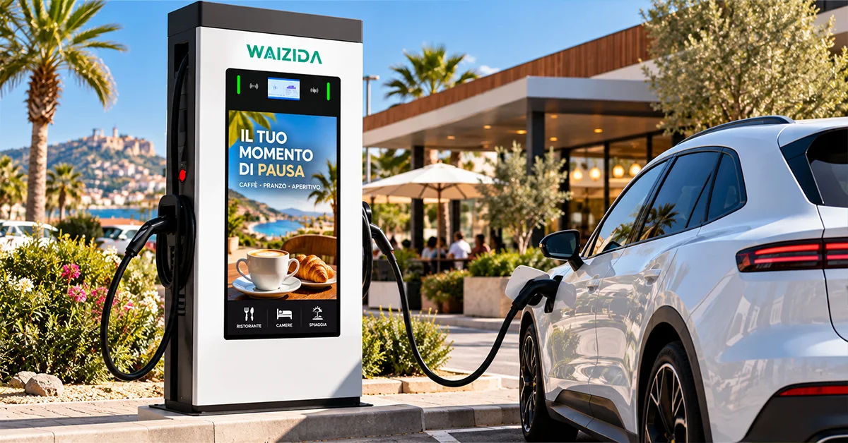 Colonnina di ricarica con display pubblicitario da 43 pollici davanti a un locale, con un'auto elettrica in carica